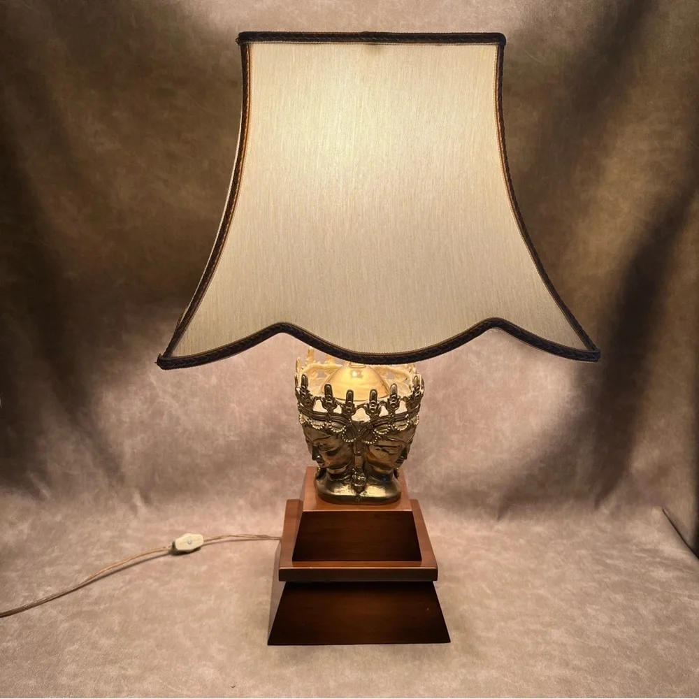 Vintage Table Lamp with Crowned Asian Faces in Brass on Wood Base